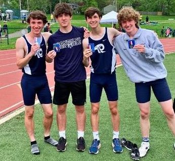 Track runners (from left) Jimmy Bartl, Connor Rodrigues, Colin OMeara and Danny Burn, pictured at a meet from last fall, look forward to contributing again to the track team’s success this winter.