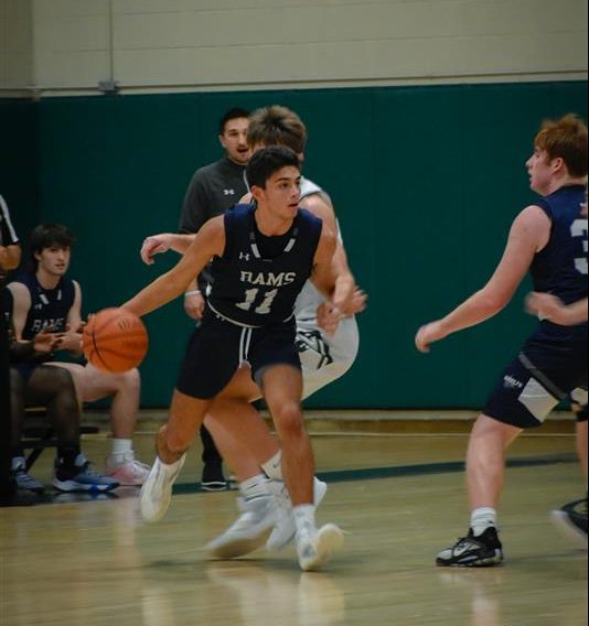 Joey Tomaino, pictured here in an earlier game against Delbarton, was among the Randolph players who came out scorching hot on Jan 7, 2023, to help the Rams beat Roxbury,  68-42, at home on fan appreciation night. 

