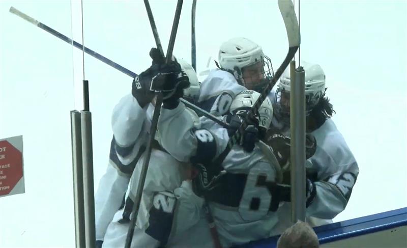 Members of the Boys Ice Hockey team celebrate a great goal made by Jack Rueff in the Mennen Cup Final on Feb. 15 and hope to recreate many more winning moments like these in tonights state playoff and other games to come. 