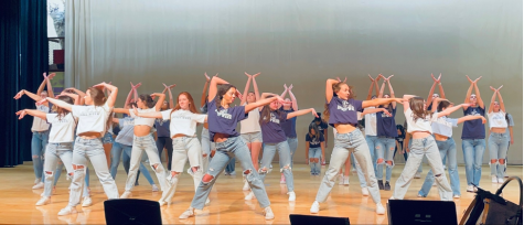 RHS dancers perform their traditional Spirit Week hip-hop routine at this year’s eighth grade orientation assembly, which was held in the high school auditorium on Monday, Feb. 7, 2023.