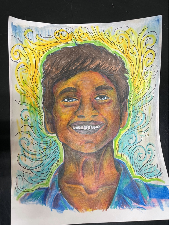 NAHS member Sarah Agostin created this portrait of a foster child in India, which was delivered to him on March 1, 2023, as part of The Memory Project. 