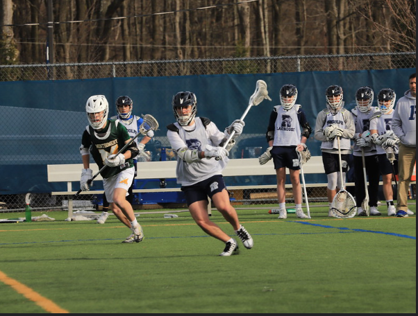 Senior Josh Freiheiter goes to goal in a scrimmage against Montgomery, with the Rams winning, 22-1, on March 29, 2023. The Rams have won all four pre-season scrimmages so far by dominant margins. The season opener against Delbarton is on Monday, April 3, at 4:00 p.m. on DaSilva.  