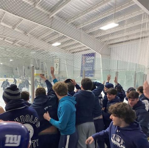 The Randolph student section celebrates after Zach Gallo scores at Monday nights game against Ramapo. It was not enough, however, as Ramapo won 3-2, putting an end to the Rams impressive 14-4-4 season. 