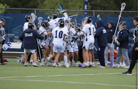 Randolph Boys Lacrosse celebrates its first career varsity goal for senior Mikey Campbell, before beating Morristown, 9-2, on Monday, May 1, 2023. 
