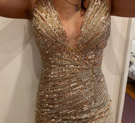 Junior Mel Gonzales models the one-of-a-kind gold dress she plans to wear to junior prom at Birchwood Manor in Whippany on Friday, May 12, 2023. 