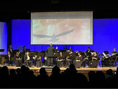 Concert Band, directed by Michael Lichtenfeld, performs a medley from the movie, “How to Train Your Dragon,” with music by John Powell, accompanied by clips from the film, at the annual Spring Band Concert on Wednesday, May 17, 2023, in the  high school auditorium.
