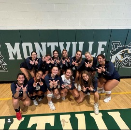 Randolph Girls Varsity Volleyball celebrates their “W” at Montville High School, winning two of three sets, on Thursday, Sept. 14, 2023. 