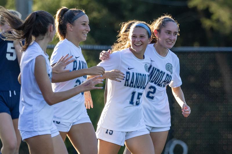 Randolph Girls Soccer, the top county seed, is headed to the MCT finals against Chatham @ Roxbury on Saturday, Oct. 21. Pictured, from left: Freshman Carly Renna, and juniors Tamara Khattab, Kayla Brand and Chelsea Renna celebrate after scoring a goal against Pope John on Monday, Oct. 2, 2023. 