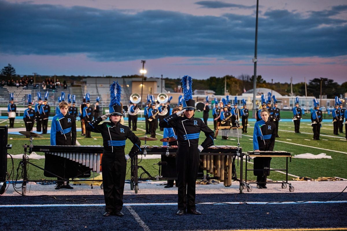 
Sophomore Drum Major Jane Doran (left) conducts the Marching Rams alongside Riley Brown at the NJMEA Marching Bands Festival, held in Wayne Valley on Oct. 21, 2023. 
