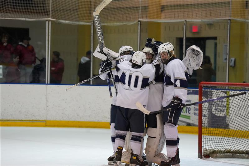 Boys Ice Hockey celebrates the teams victory against Morristown Beard on Wednesday, Jan. 17, 2024, with the Rams remaining undefeated at 12-0-1.