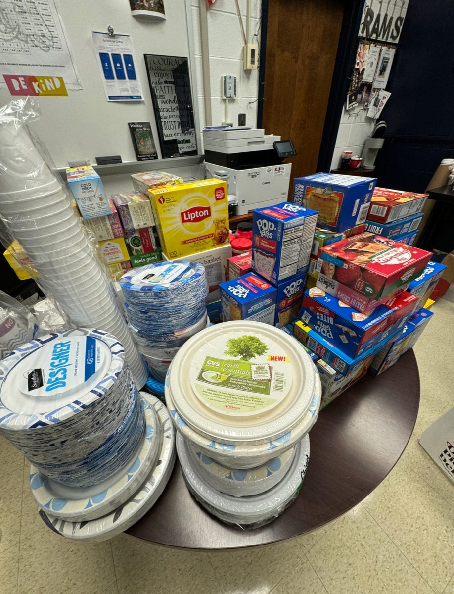 Pictured are food items and paper goods that the Bridges Club at RHS collected and donated to Homeless Solutions, which provides shelters and transitional housing for the local homeless population. 