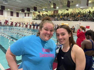 Head Coach Krystal Hoffman (left) celebrates with sophomore Sydney Wright, who placed fourth in the 50 freestyle, which is the highest a Lady Ram has ever placed at the 2024 Morris County Championships, held on Jan. 17, 2024. 
