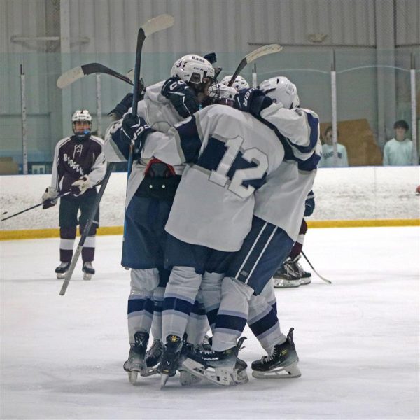 The Rams celebrate after defeating the Ridgewood Maroons, 5-3, in the North State Sectional Semifinals on Tuesday, Feb. 27, at SportsCare Arena in Randolph. The Rams, now 22-0-1, advance to the finals against Northern Highlands today, Thursday, Feb. 29,  at 4:30 p.m. at Mennen Arena in Morristown. 