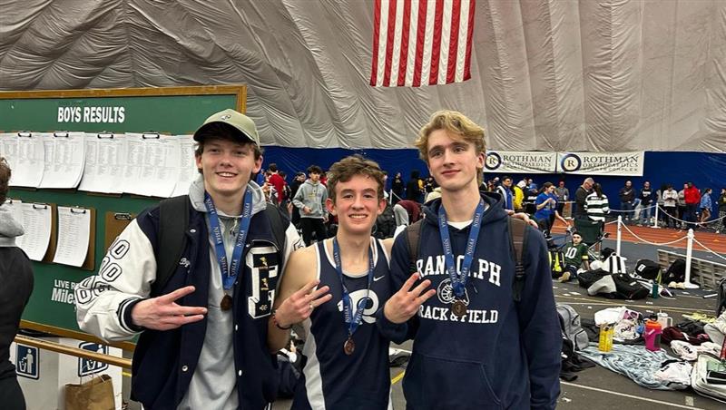 Boys Winter Track members (from left) Kennan Byers, Thomas Amato and Preston Gumann celebrate stellar races following the NJSIAA Group 2 & 3 State Championships. 