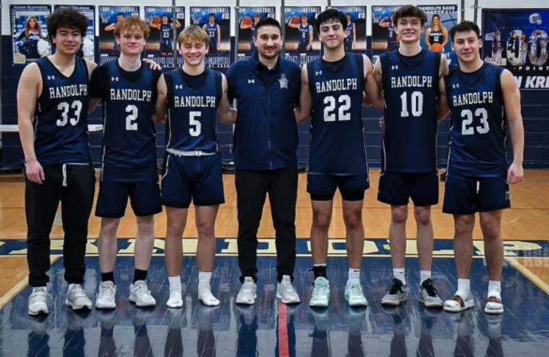 Senior Boys Basketball players helped take the team to a .500 record of 14-14 during the 2023-2024 season. From left: Josh Graves, Ryan Kress, Andrew Taurman, Head Coach Nick Lavender, Rocco Albano, Jake Miller and Joey Errico. 