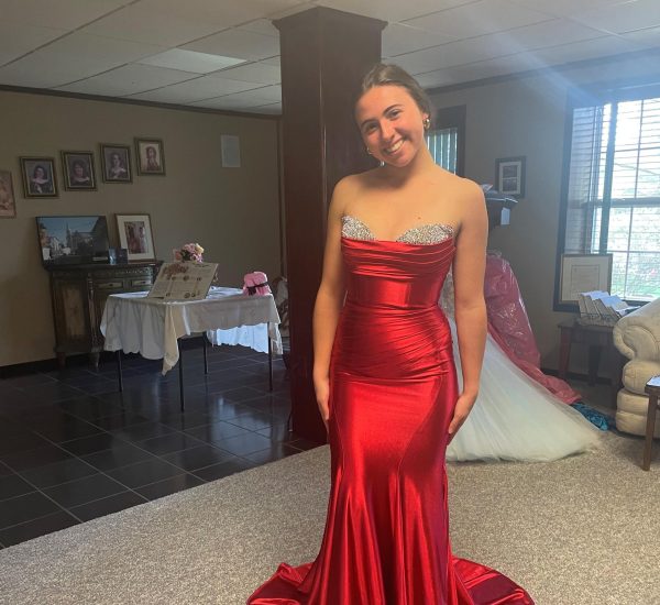 Senior Abby Lindsey shows off her unique, cherry red gown with metallic detailing, which she looks forward to wearing to senior prom next Thursday, June 6. 