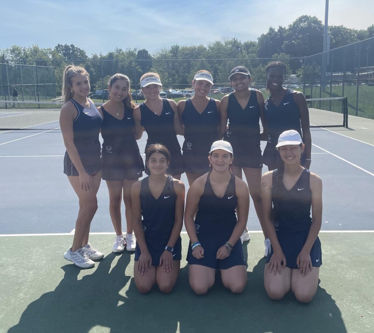 The 2024 Girls Tennis team is set to improve their record this season in a new division, with skilled returning players and strong team chemistry. Top, from left: Amy Myerson, Livia Fontes, Ava Olsen, Lucy Girardi, Riyana Chaudhary, Kisa Mulondo.
Bottom, from left: Noelle Thompson, Ava Pinho, Sophie Visser.