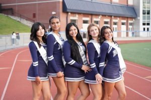 Senior Varsity Cheerleaders (from left) Gigi Ciottariello, Laila Winbush, Scarlett Cantada, Sarah Reyes and Ella Peretz-Gonzalez.