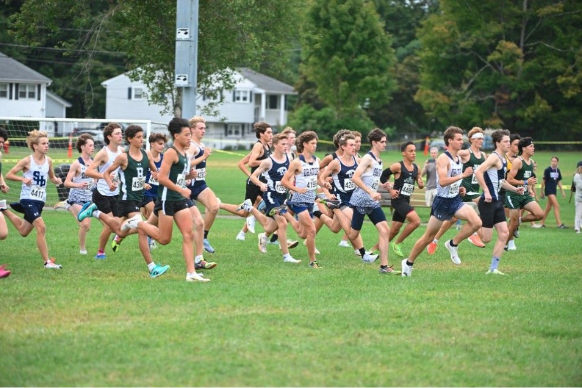 The Randolph Boys Cross Country team pushes through the final stretch at its first meet of the 2024-2025 season, the Roxbury Invitational, on Saturday Sept. 7, 2024.