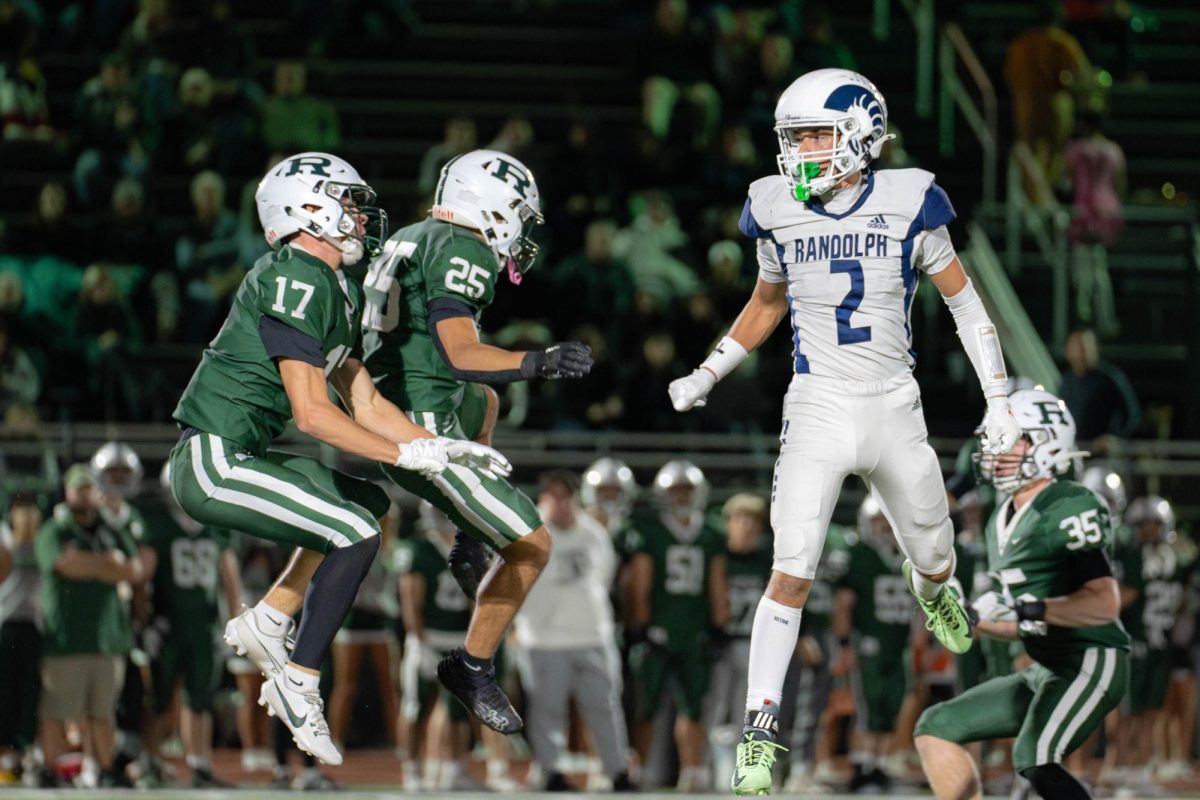 Surrounded by Ramapo defenders, Joey Sommer goes up for the ball but is ultimately unable to come down with it on the way to a season-ending, 42-27 loss to Ramapo on Friday, Nov. 1.