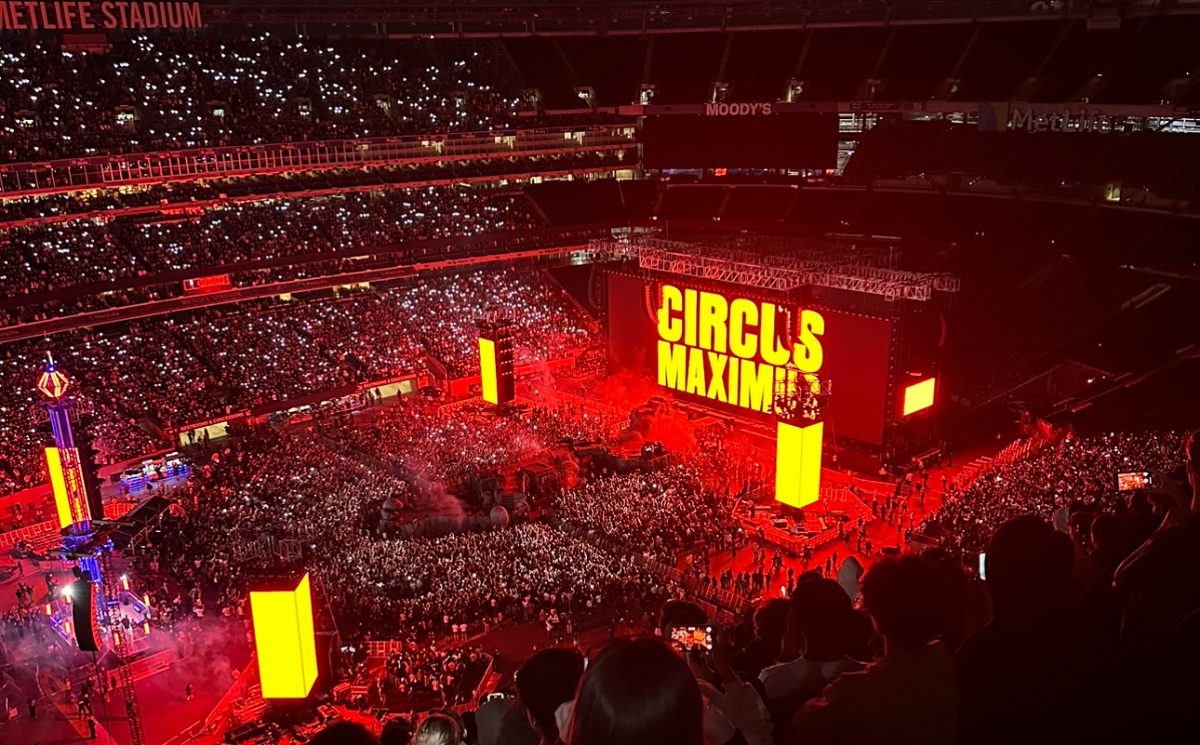 “Circus Maximus" flashes across the large screen at the beginning of the Travis Scott concert, "One Night Only in Utopia," held at MetLife Stadium in 
East Rutherford, NJ, on October 9. 