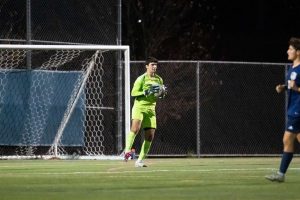 Randolph goalie Gavin Vichengrad holds the ball after a shot on net.