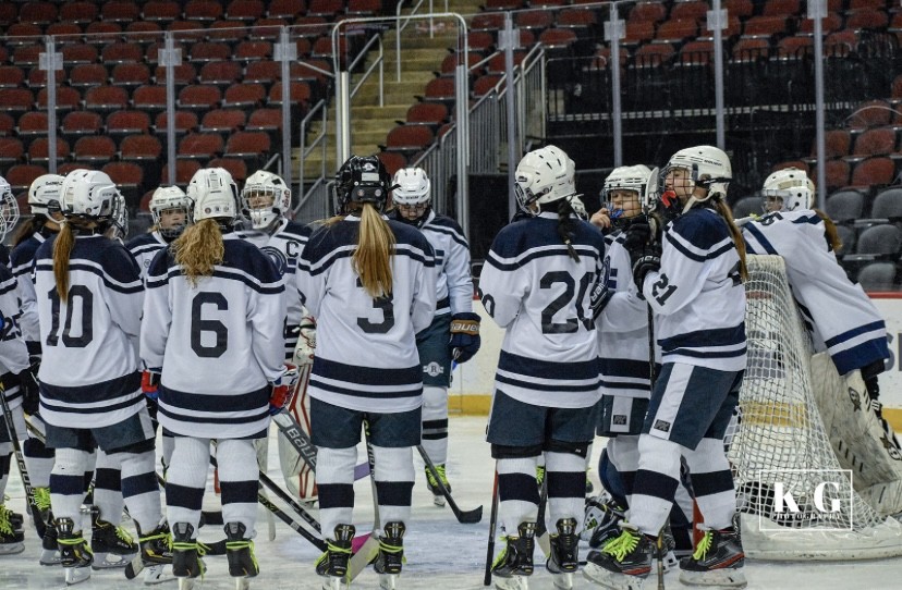 Randolph Girls Ice Hockey huddles up before last season's game against Madison on Thursday, January 4, 2024. The Rams open the 2024-2025 season this coming Friday, December 5, when they'll face off against Madison again at Mennen Arena. 
