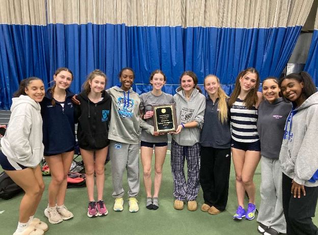 Members of the 2023-2024 Randolph Girls Indoor Track team are pictured after winning the Freshman/Sophomore championship on Jan. 15, 2024. This season's team members are optimistic about seeing similar success in the weeks to come. 
