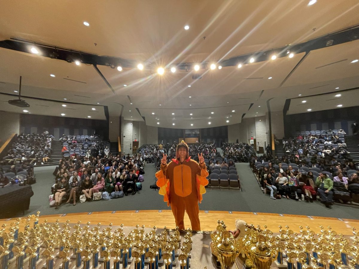 RHS Senior Zain Iqbal dons a turkey costume prior to the award ceremony at the Speech & Debate Fall Classic, which the high school hosted for over 800 debaters from NJ and PA on Saturday, Nov. 23, 2024. 