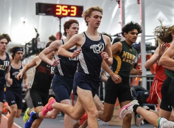 Senior Preston Gumann (center) and junior Kennan Byers (behind him, at left) start their 1600m race at the NJSIAA Sectional Championships for North 1, Group 3, held on Feb. 5, 2025. 