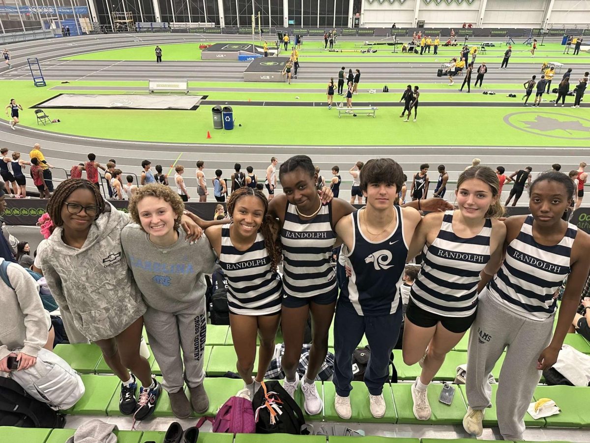 Members of the Girls Indoor Track sprint team (plus one guest) pose for a pic at the Garden State Invitational, held at the Ocean Breeze Athletic Complex on Staten Island, New York, on Friday, February 14, 2025. 