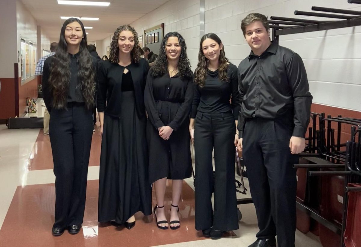 The flute/piccolo section of the NJAB consists of student musicians from a handful of area high schools including Randolph (from  left): Sophie Visser (Randolph HS), Hope Sirinides (Kinnelon HS), Natalia Gerena-Roman (Hopatcong HS), Alayna Shaughnessy (Madison HS) and Matthew Collins (Morristown HS). 