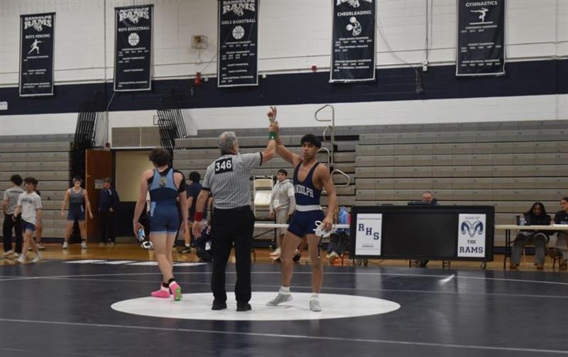 Freshman Manny Samaniego won his 165-Ibs match via pin, but it wasn't enough to overcome the losses Randolph suffered at the season's last quad meet on Saturday, Feb. 15. 