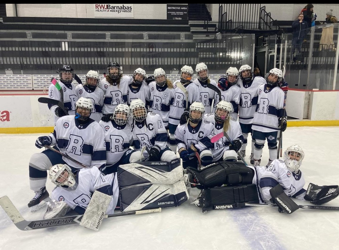 The 2024-2025 Girls Ice Hockey team comes together for one last photo after playing Kent Place in the first round of states.