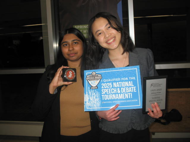 National qualifiers Tanishka Shahoo (left) and Carolyn He display their awards at the NJSDA District Tournament, held at Delbarton on March 21-22, 2025. 