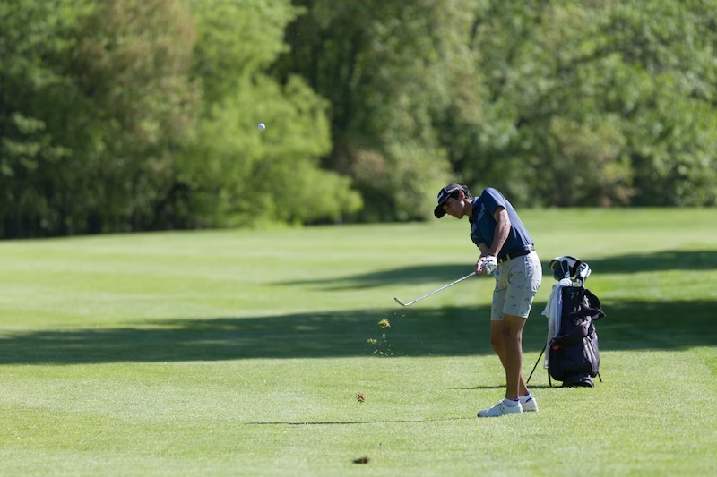 Boys Golfer Achal Agnihotri hits the ball to start off his North Group 3 match in the NJ State Sectional Tournament on Monday, May 5, 2025 
