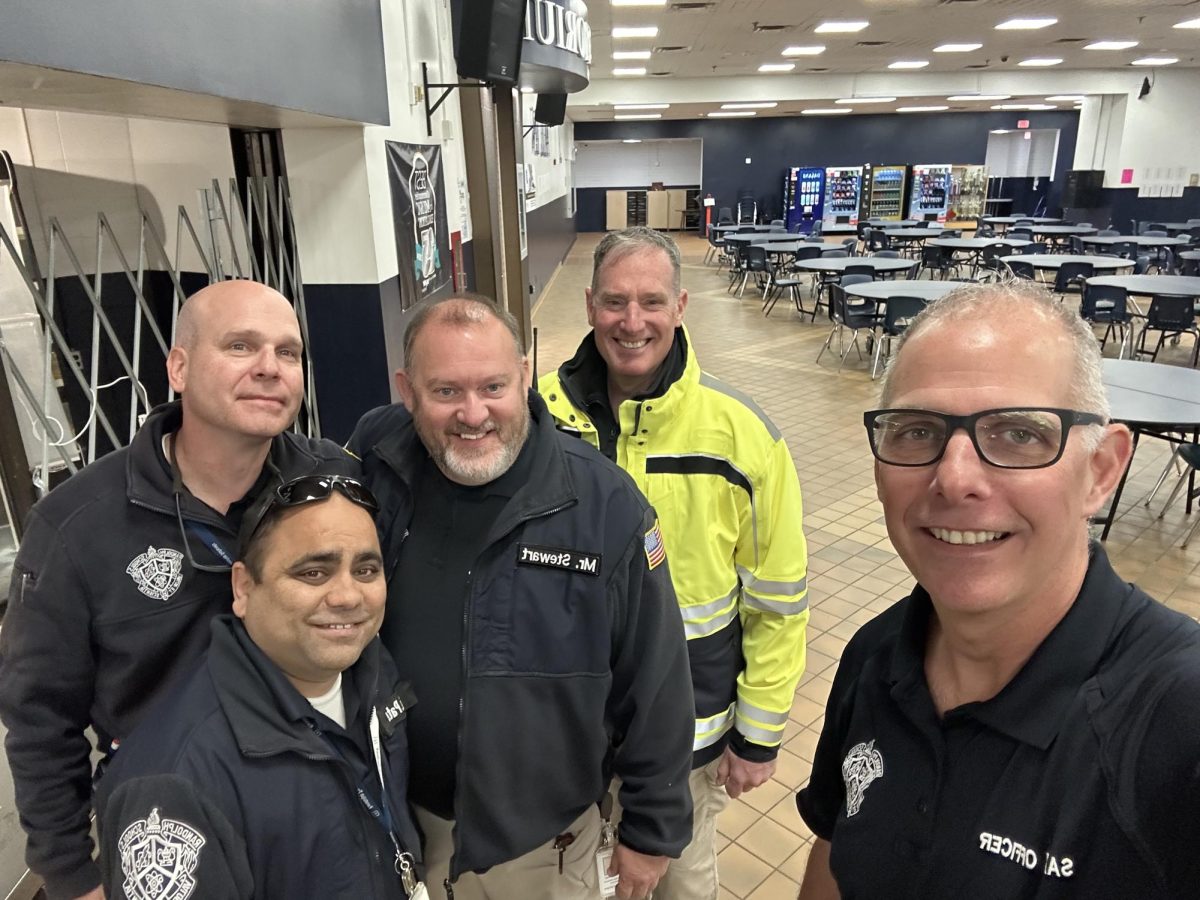 The continued presence of the RHS Security Guards helps ensure a secure environment for faculty, staff, students  and visitors throughout the school day. From  left: William Zimmerman, Biren Patel, Dan Stewart, Peter Nienstadt and Leon  Pollison. 