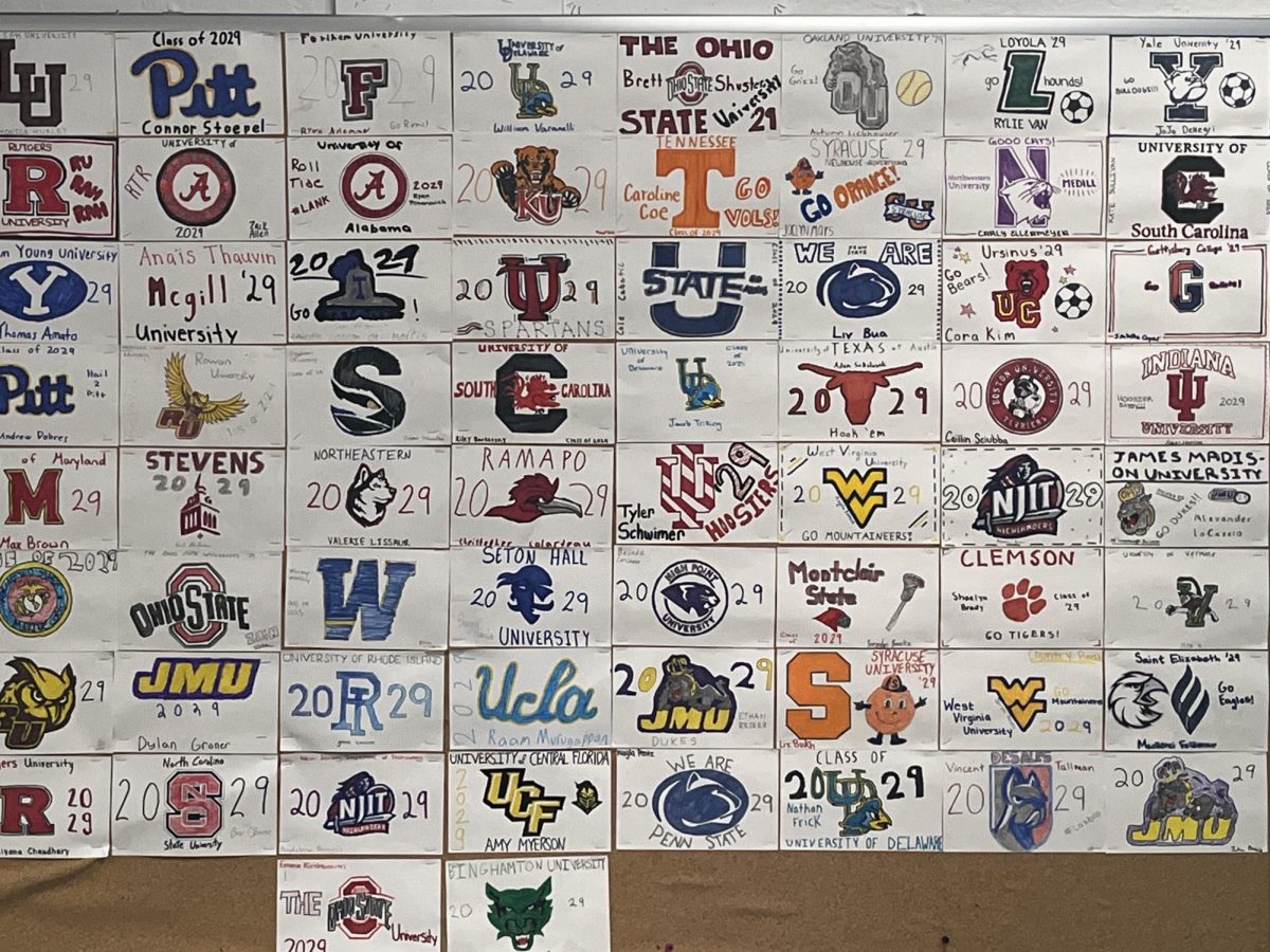 The college commitment board in English and Journalism Teacher Janice Finnell's classroom features the schools some of her Class of 2025 seniors will be attending in the fall.