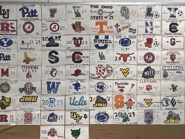 The college commitment board in English and Journalism Teacher Janice Finnell's classroom features the schools some of her Class of 2025 seniors will be attending in the fall.