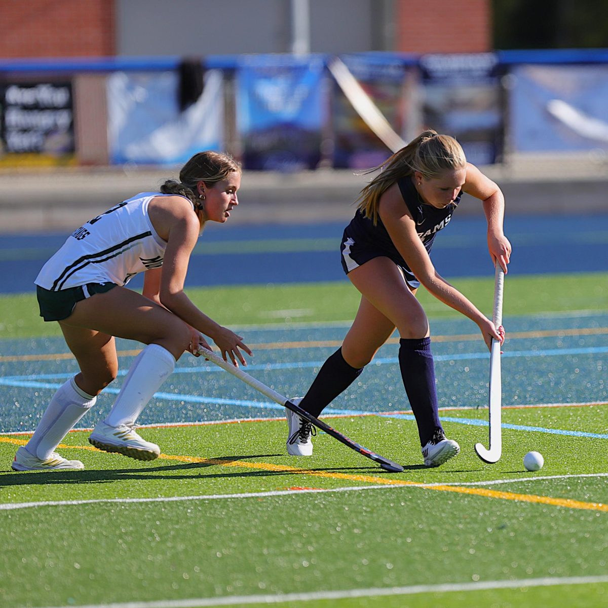 Freshman defender Lily Miller (right) takes on an opponent during Randolph’s 4-0 loss to Montville on Thursday, Sept. 19, 2025. 