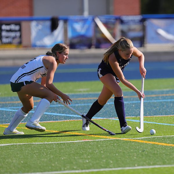 Freshman defender Lily Miller (right) takes on an opponent during Randolph’s 4-0 loss to Montville on Thursday, Sept. 19, 2025. 
