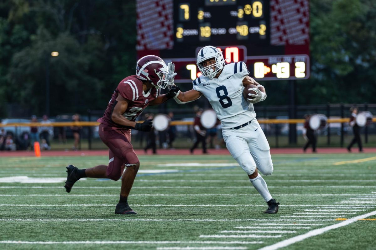 Ram Manny Samaniego (#8) runs down the field after fending off a Morristown defender during the second quarter in Morristown, N.J., on Friday, Sept. 5, 2025.