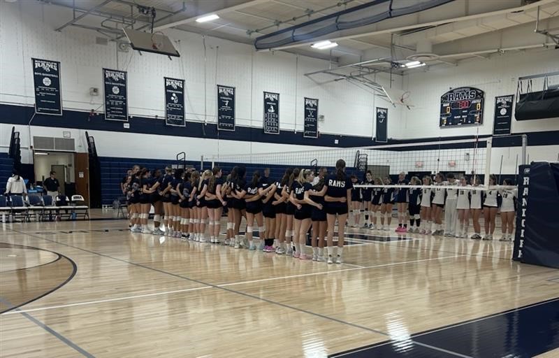 The Randolph Rams Girls Volleyball team stands together and prepares to take down Pope John on Monday, Sept. 22. 