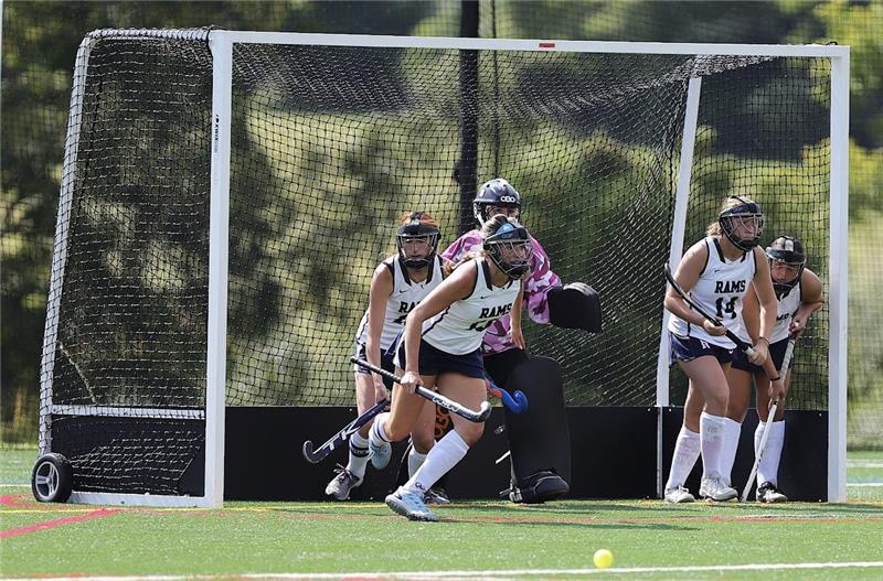 Rams (from left) Bowie Manning, Jillian Liebhauser, Mia Biganti, Daniella Gizinski and Lia Carroll defend against a corner attempt, on the way to a 1-1 tie against Mount Olive on Monday, Sept. 16, 2025.