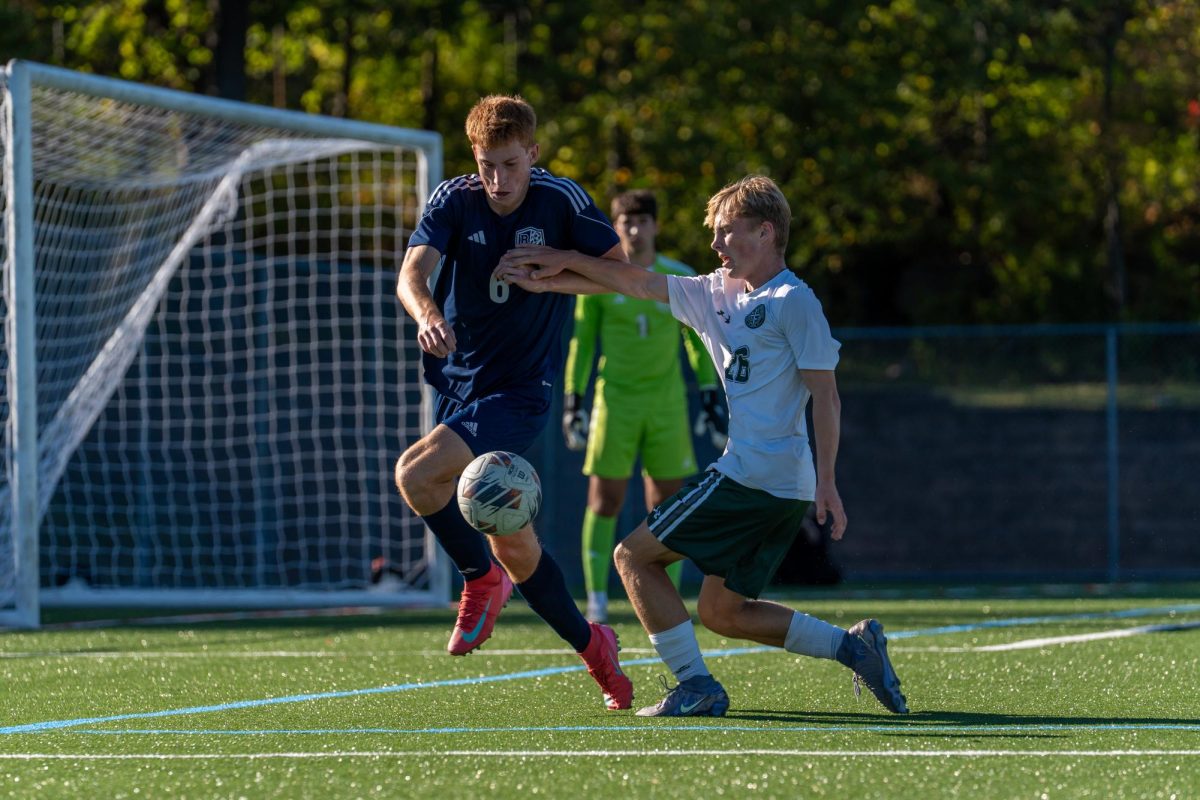 Junior Felipe Pesa (right) defends against Delbarton on Wednesday, Oct. 1, 2025