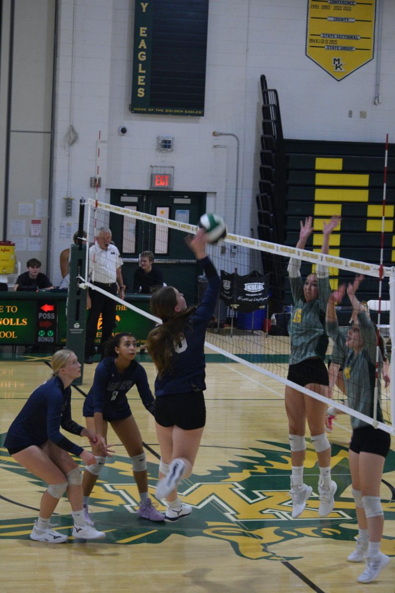 Freshman varsity Girls Volleyball player Karoline Hindson (No. 10) goes for a spike at the net during a recent game. Hindson has helped lead the undefeated team to a 10-0 record this season. 