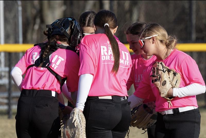 The Randolph Softball infield huddles before a recent scrimmage. The 2025-26 season opens today, Monday, March 30, 2026. 