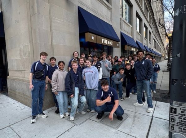 Bands of Randolph students pose for a pic at FiRE+iCE in Boston, after enjoying an all-you-can-eat hibachi dinner on Friday, April 17, 2026. 