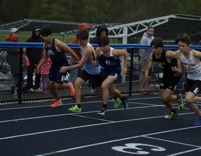 RHS sprinters cross the finish line at the Randolph Relays on April 25, 2026.